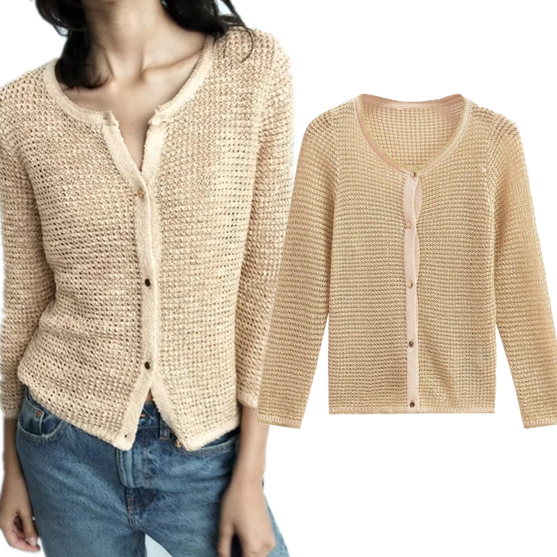 Jenny&Dave 2024 Autumn Tops British Casual Long-sleeved Sweater Fashion Ladies Champagne Textured Knitted Cardigan