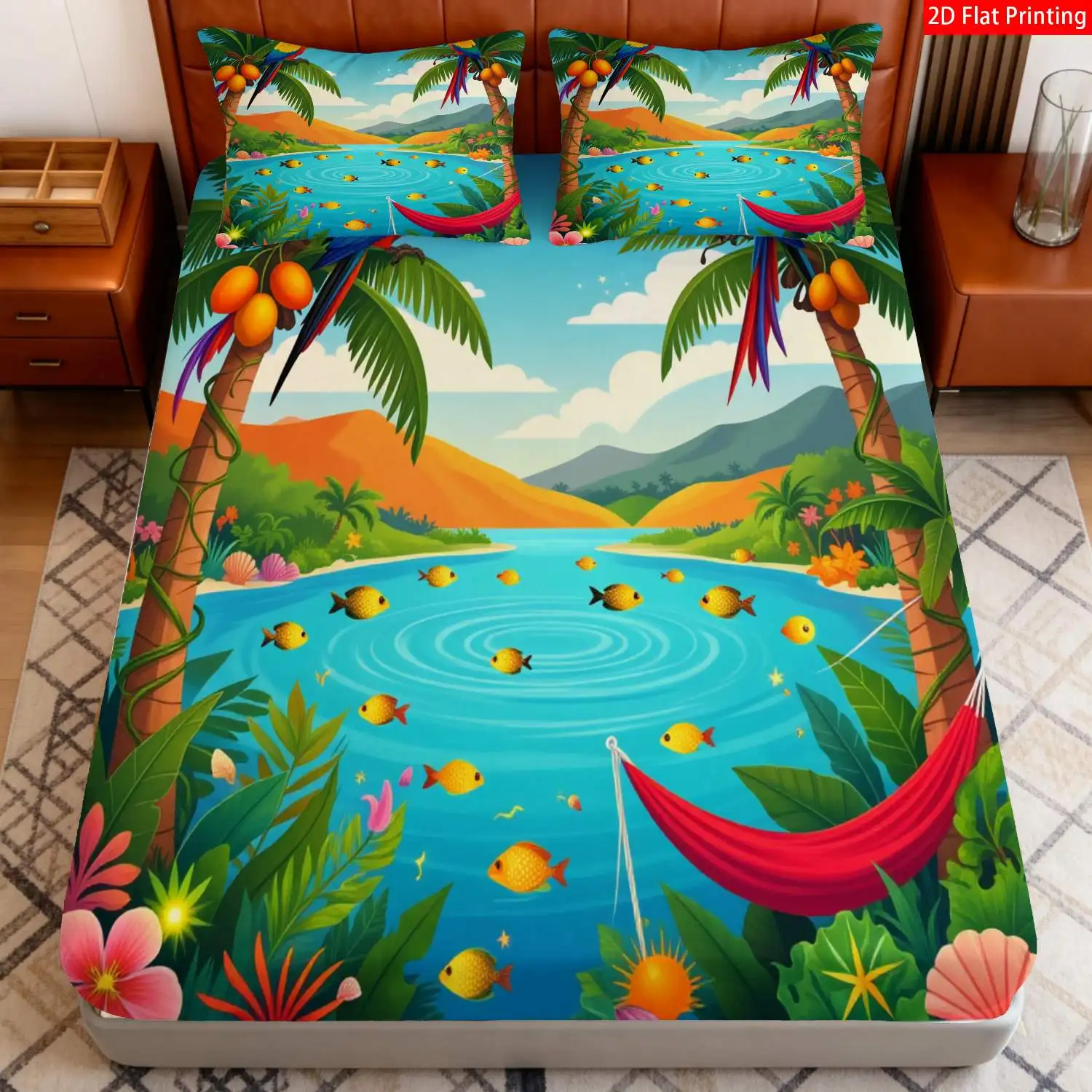 Tropical Paradise Style, Exotic Jungle Theme Bedding Set for Bedroom, Beach Villa, or Vacation Home, Three-Piece Set (Includes 1 Fitted Sheet + 2 Pillowcases), 3-Piece Set, Deep Pocket Fitted Sheet with 2D Print and 2 Pillowcases, Fitted Sheet Style with Elastic Band, Protective Cover, Mattress Protector, Suitable for All Seasons, Machine Washable Design, Holiday Decoration, Various Sizes, Breathable Protective Cover with Pillowcase