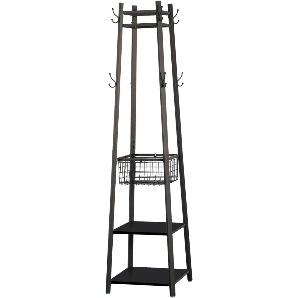 Industrial Coat Rack,Enterway Clothes Stand with 2 Tier Storage Shelves and Metal Basket,Upgrade Hall Trees with 8 Dual Hooks