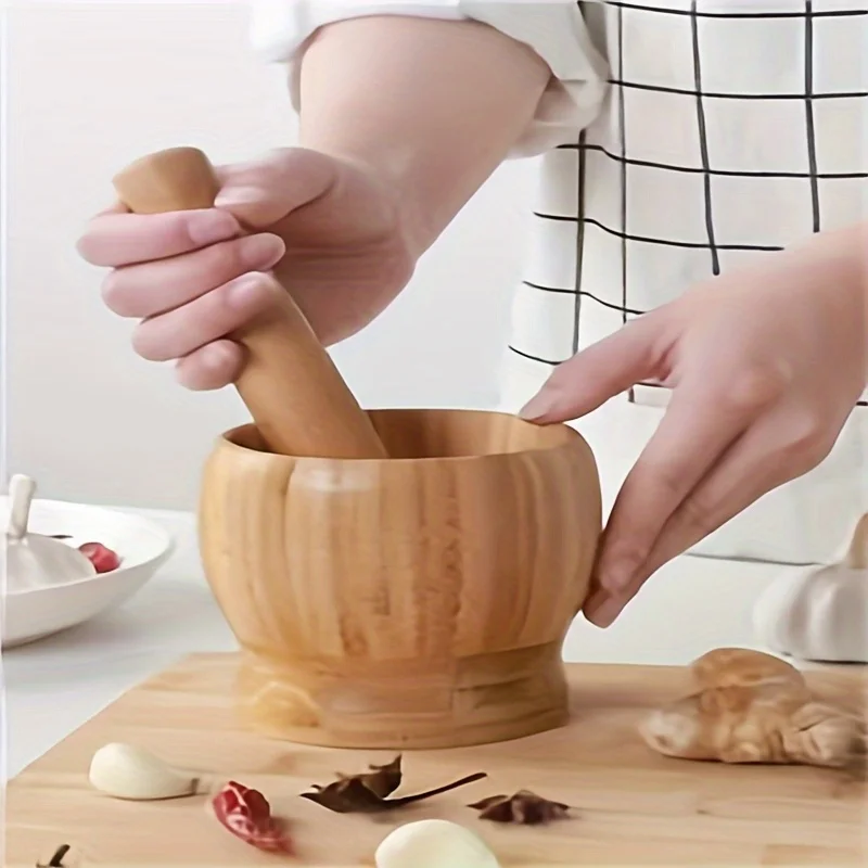 

1PC Bamboo Garlic Mortar Household Manual Solid Wood Garlic Pestle Bamboo Crushing Jar Garlic Puree Pestle Garlic Jar Wood