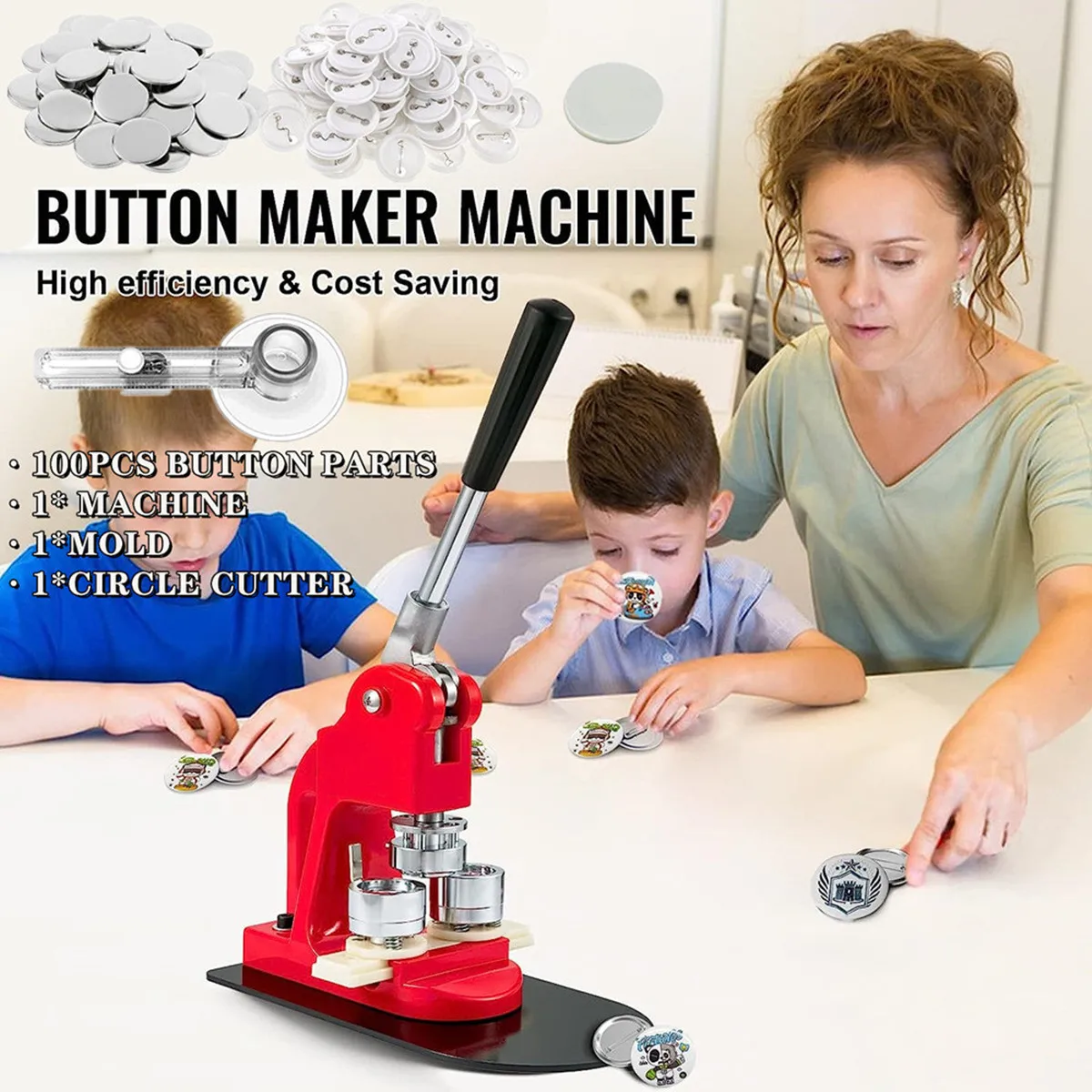 Button Maker Machine 25-75MM DIY Button Pin Badge Brooch Maker with 100Pcs Button Parts+Circle Cutter+Mold, Badges Press Machine