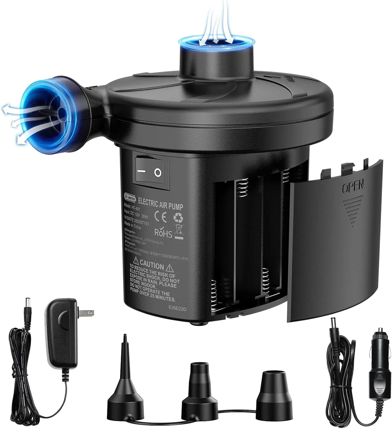 Bomba de Ar Elétrica Portátil com 3 Modos de Potência e Bicos para Acessórios de Piscina Inflável, Cama e Barco