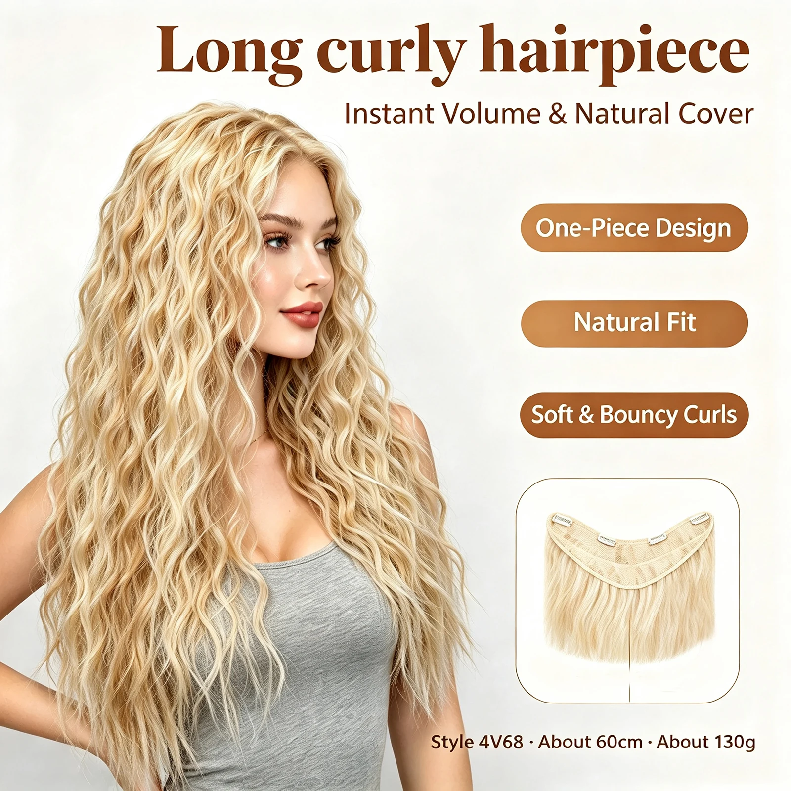 Jeedou Synthetic Hair Long Deep Wavy Hair Clip in Hair Extension V-Shape One Piece With 4Clips Blonde Color Hairpieces For Girls