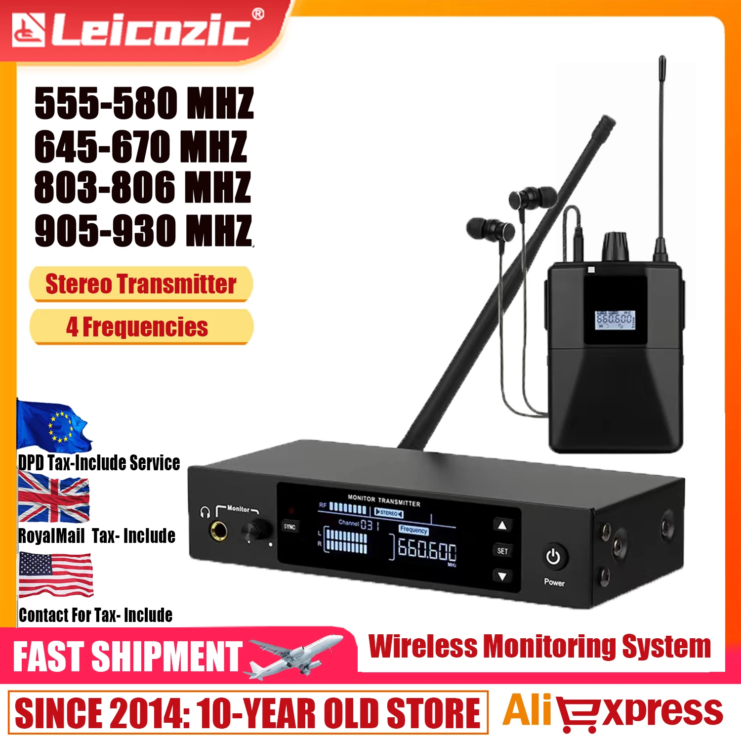 

Leicozic PS10 Stereo In Ear Monitor Wireless System 500/600/800/900Mhz 100mW Stage Personal Monitoring Ear Monitor For Singers