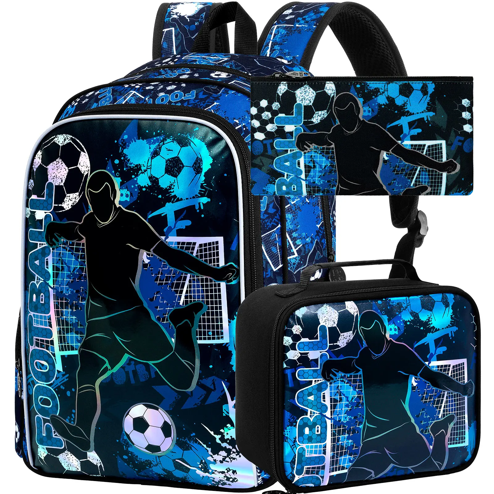 

3PCS Kids Backpack for Boys, 17" Football Backpacks with Lunch Box, Water Resistant and Lightweight Bookbag for Teenagers