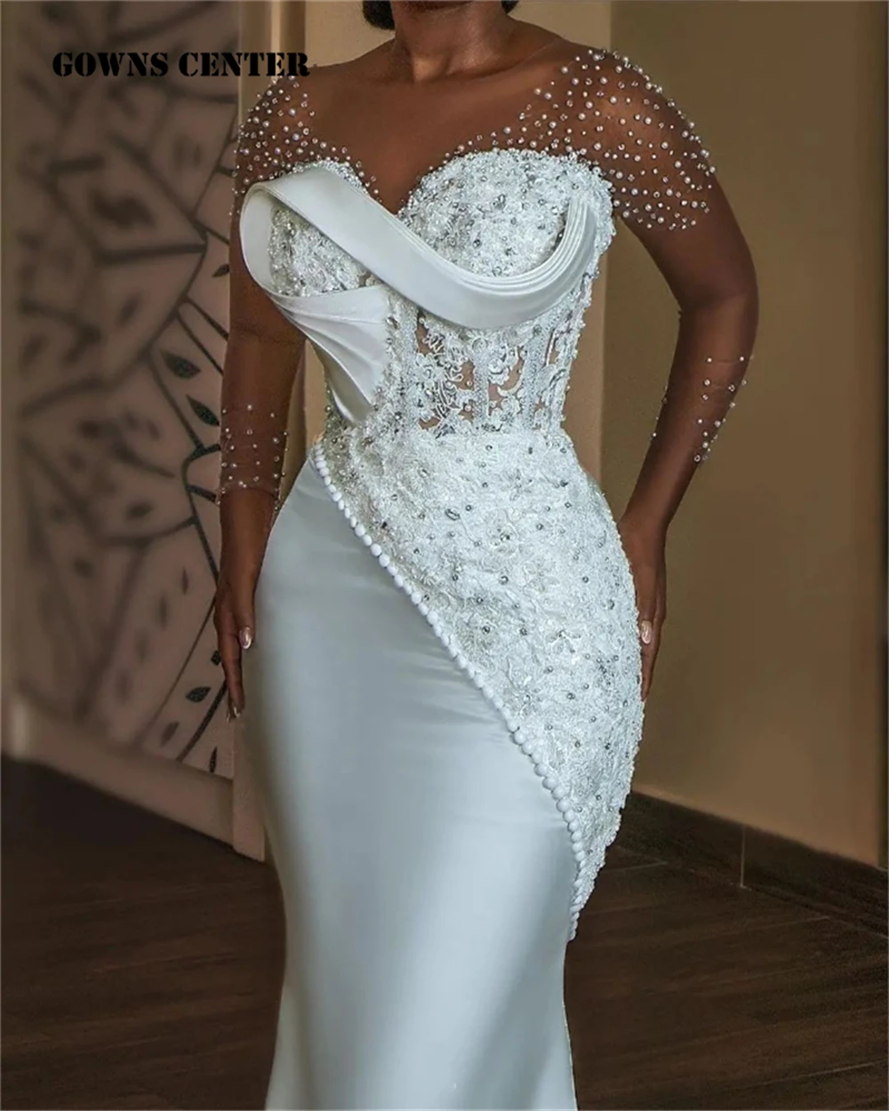 White Pearls Beaded Luxury Mermaid African Wedding Dress Mesh Long Sleeves Aso Ebi Engagement Gowns Corset Fish Bones Customized