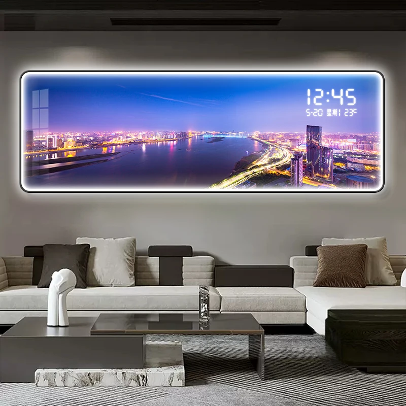 Modern Urban Night Scene Bedroom Bed Head Hanging Art Electronic Clock Landscape Architecture Living Room Sofa Background Wall D
