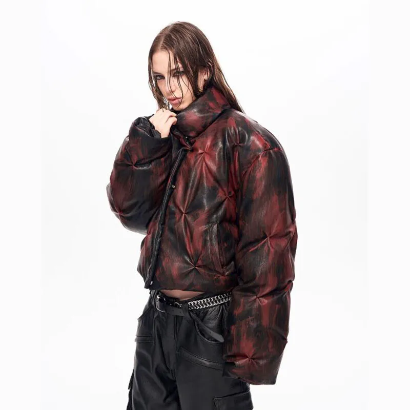 MWJLPWQ سترة قصيرة ذات ياقة ثابتة بتصميم مطوي للرجال رذاذ جديد للأوساخ مسح اللون بولي Leather معطف جلد دافئ من القطن 2025 شتاء 12767 #4