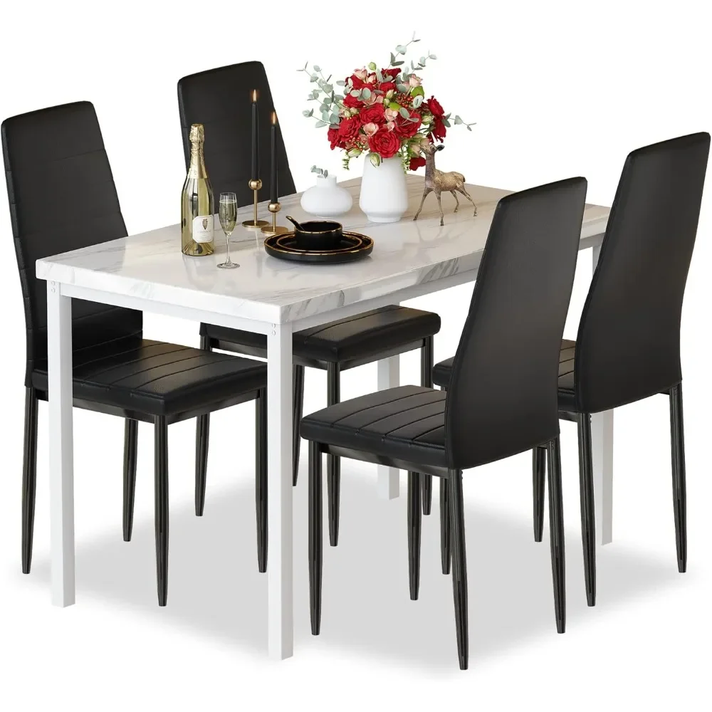 

Dining Table Set for 4- Space Saving Kitchen Table and Chairs for 4, Faux Marble Tabletop & 4 PU Leather Chairs, White&black