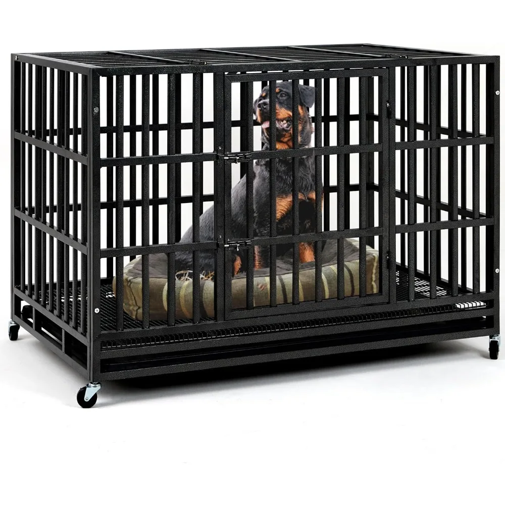 

48 Inch Heavy Duty Indestructible Dog Crate Steel Escape Proof, Indoor Double Door High Anxiety Cage, Kennel with Wheels