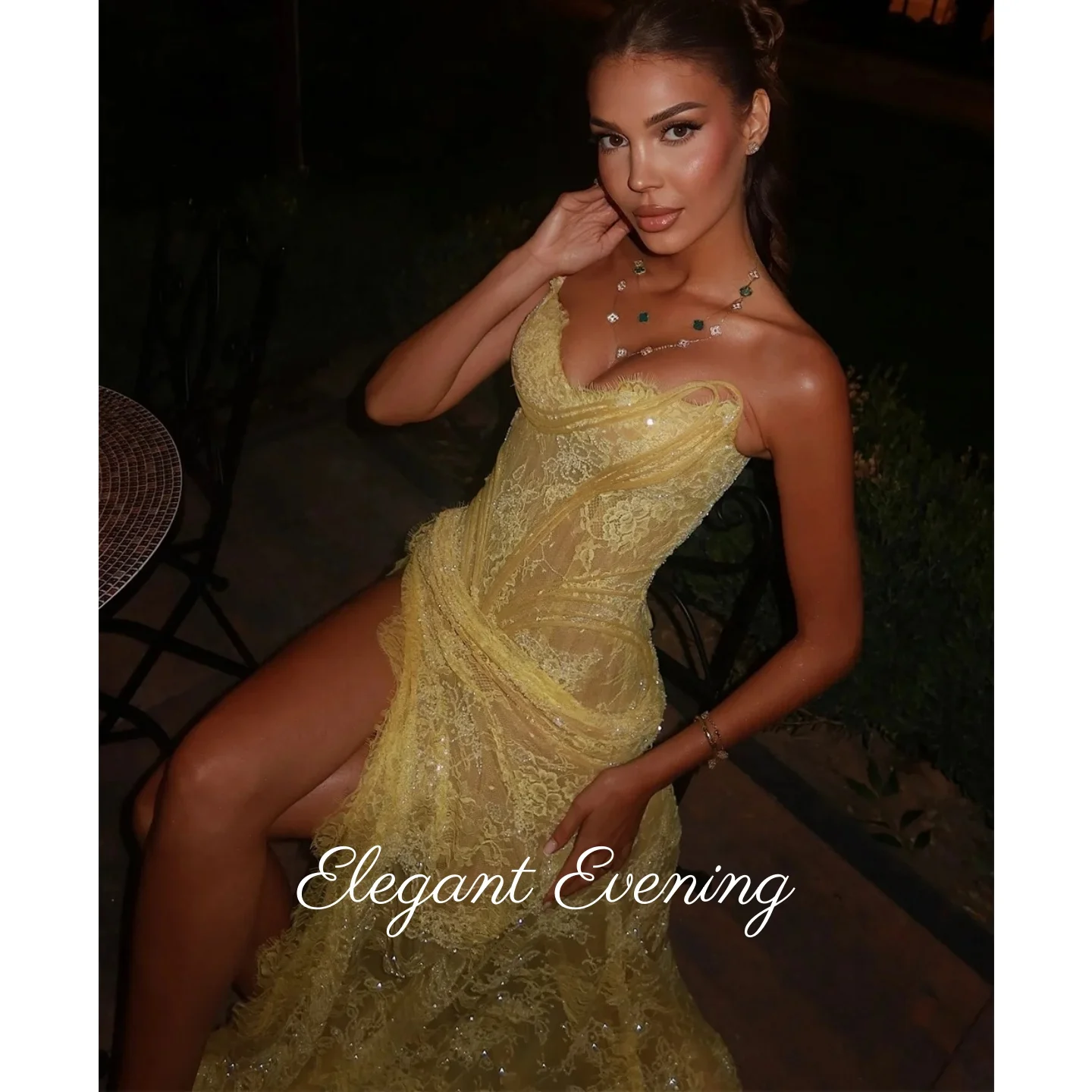 Personalizado amarelo sereia vestido de noite renda bordado lantejoulas sem mangas vestidos de noiva lado alta divisão formal vestidos de baile