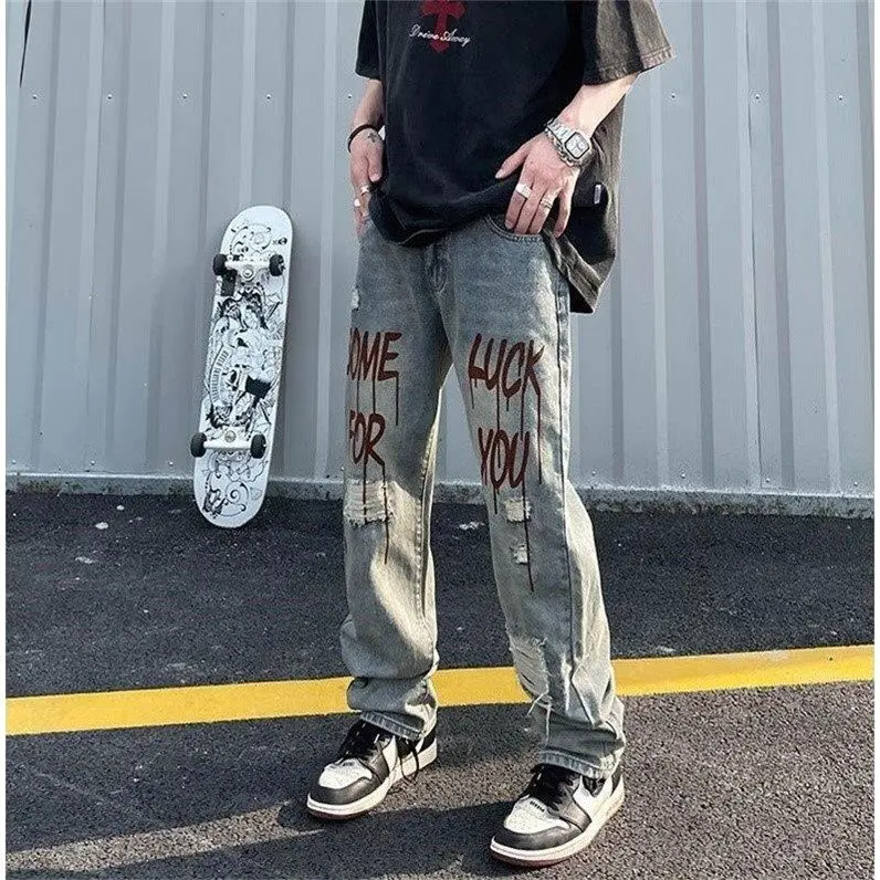 

American High Street Washed Vintage Print Men's Jeans Hiphop Loose Straight Leg Long Pants Trendy Casual Straight Footwear