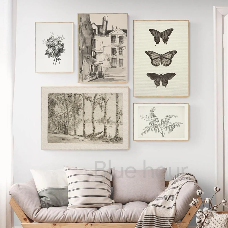 Vintage Rustic Tree Sketch Drawing Art Prints Farmhouse Country Painting Wall Art Canvas Pictures Botanical Poster Home Decor