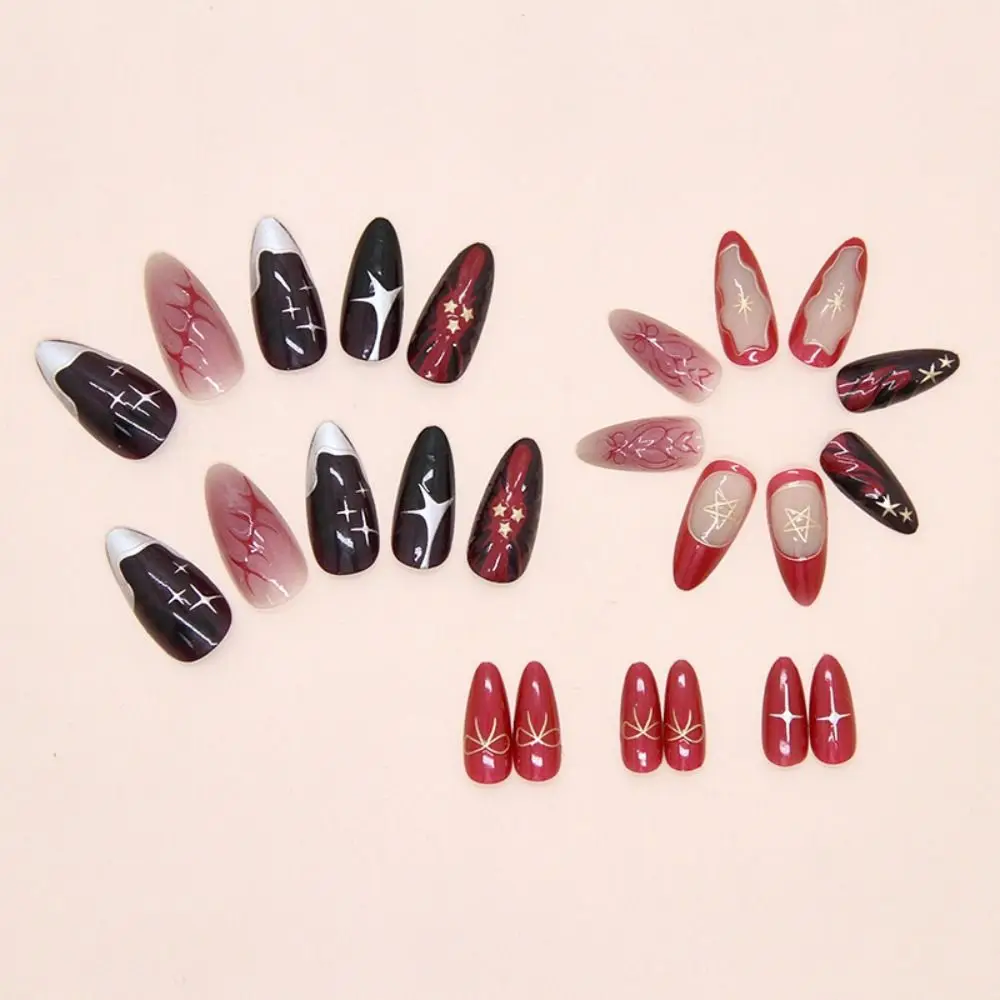 24개입 매니큐어 롱 아몬드 인조 손톱 심플 프렌치 프레스온 네일 탈부착 가능 체리 컬러 네일 팁 DIY