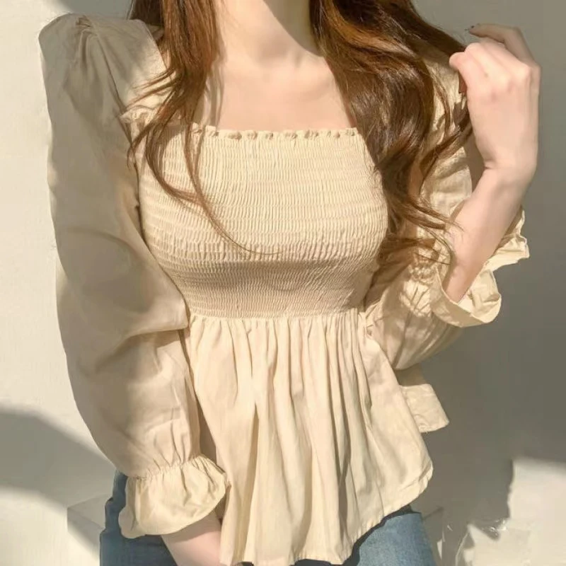 Elegant Long Sleeve Pleated White Women Blouse Office Lady Fashion Sweet Square Neck Shirt New Casual Elastic Slim Tops 8023