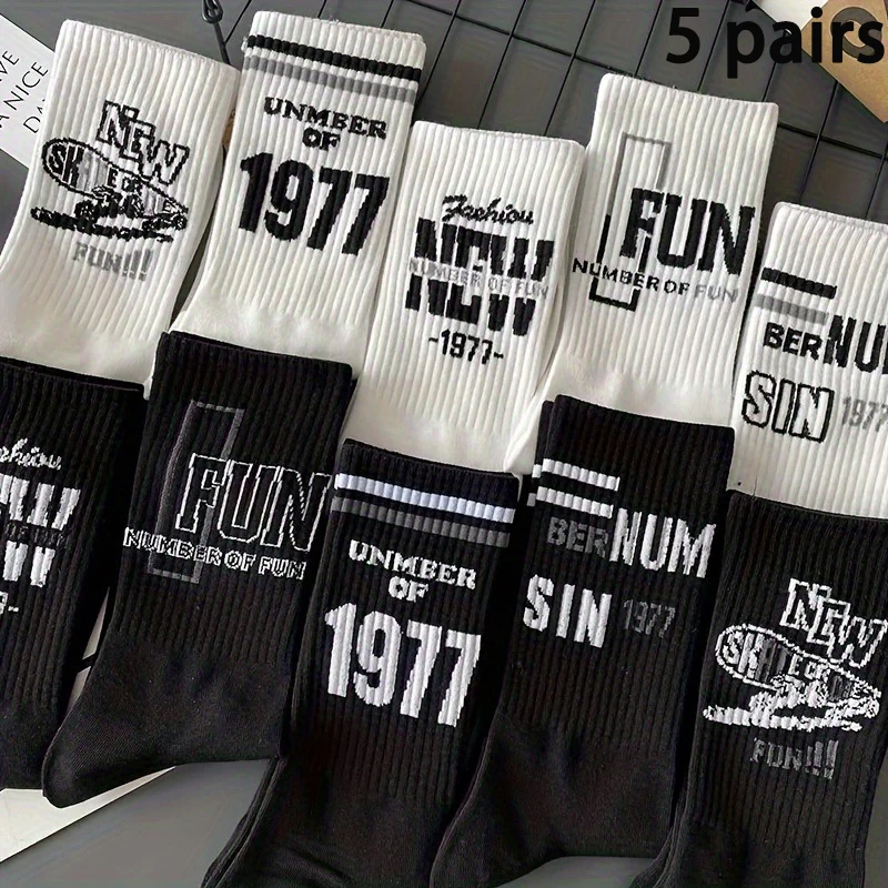 5 Pairs Of Men's Trendy Creative Letter Pattern Crew Socks, Breathable Comfy Casual Unisex Socks For Men's Outdoor Wearing All S