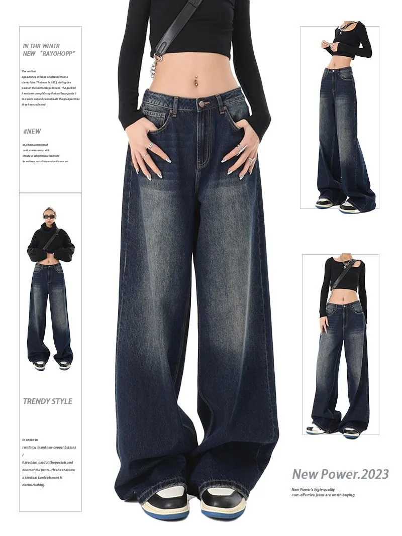 

Джинсы с высокой талией, широкими штанинами, свободного кроя, в пол, прямого силуэта, темно-синие, винтажные, модные, весенне-осенние, женские брюки