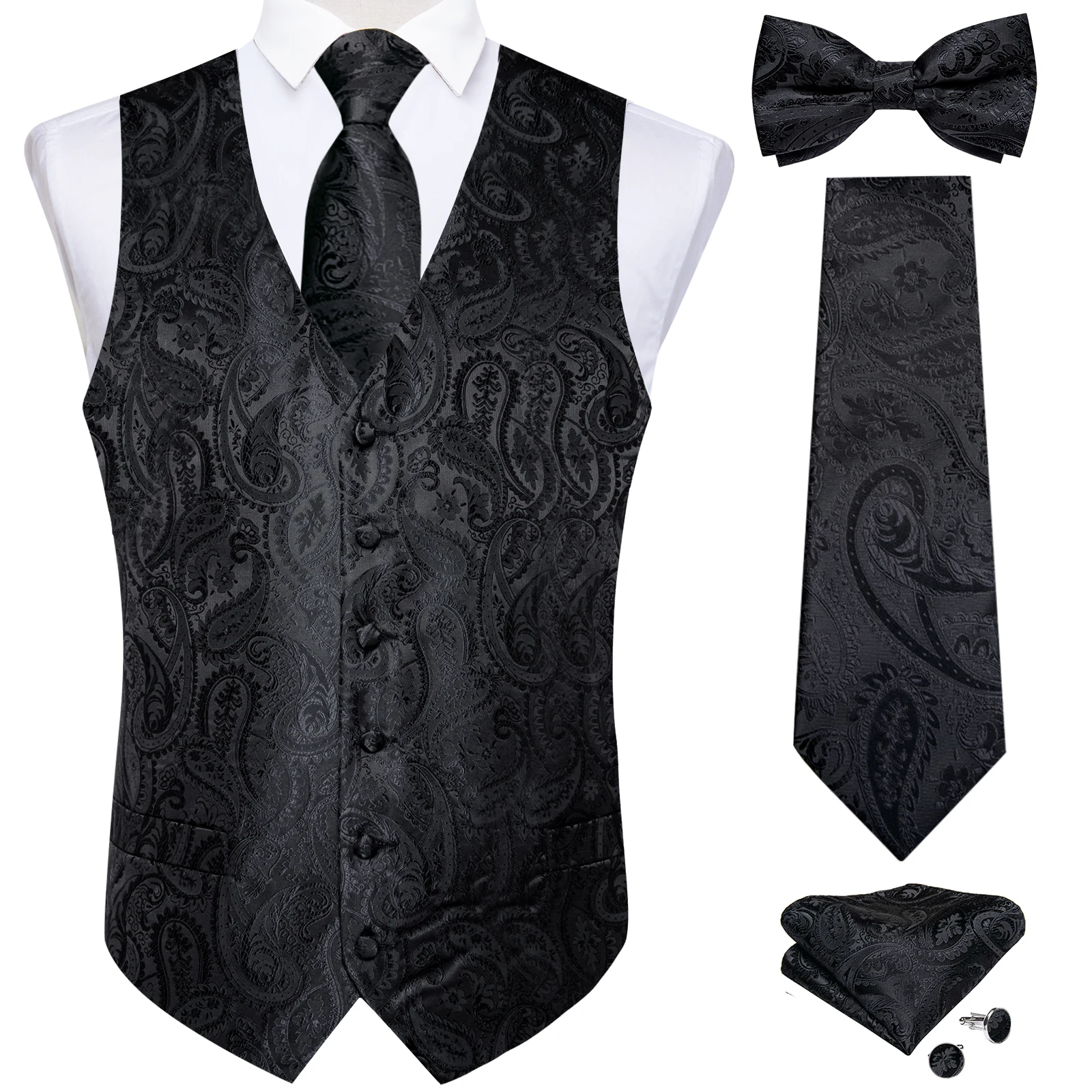 Men Classic Black Paisley Vest Set for Wedding Party Business Fashion V-neck Waistcoat Men Necktie Bow Tie Handkerchief Cufflink