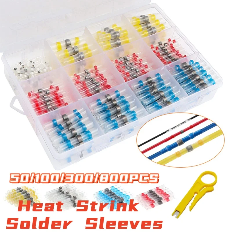 50-800Pcs Heat Shrink Butt Crimp Terminals Waterproof Solder Seal Electrical Butt Connectors Wire Cable Splice Terminal Kit