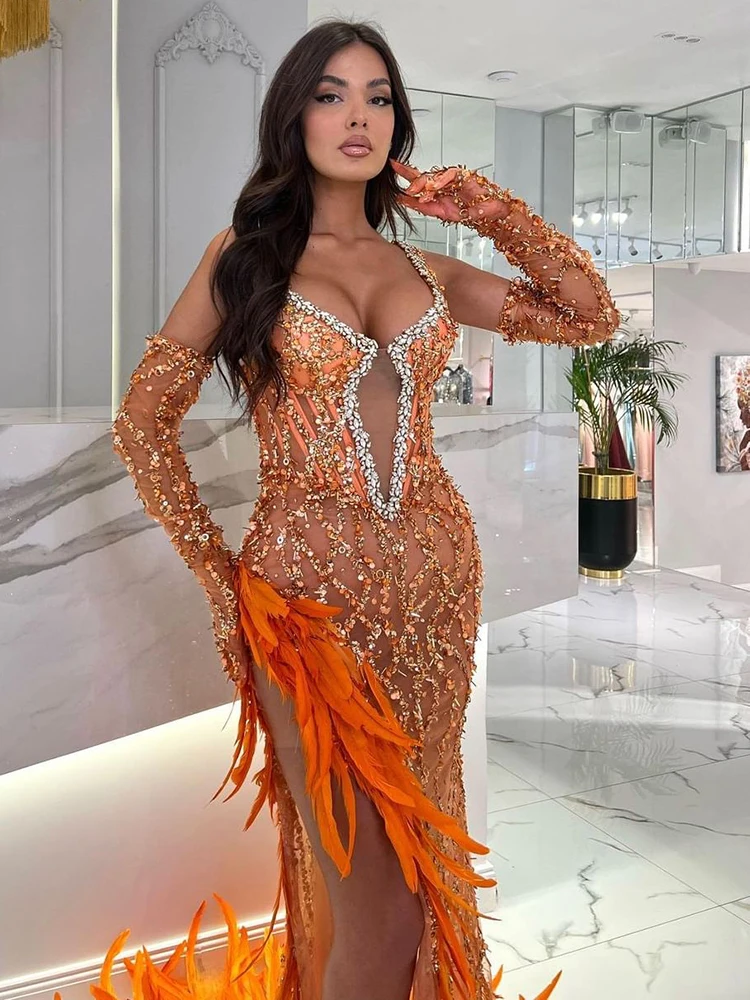 PB-Robe de Rhlongue à paillettes et plumes pour femme, vêtement de fête d'anniversaire, vente en gros, 2023