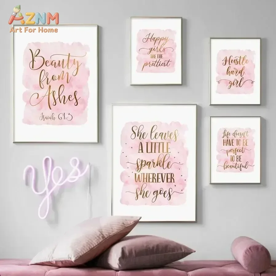 AZNM Pink Watercolor Bible Quote Canvas Wall Art Gold Calligraphy Inspirational Girl Positive Bedroom Unframed Canvas Decor Post