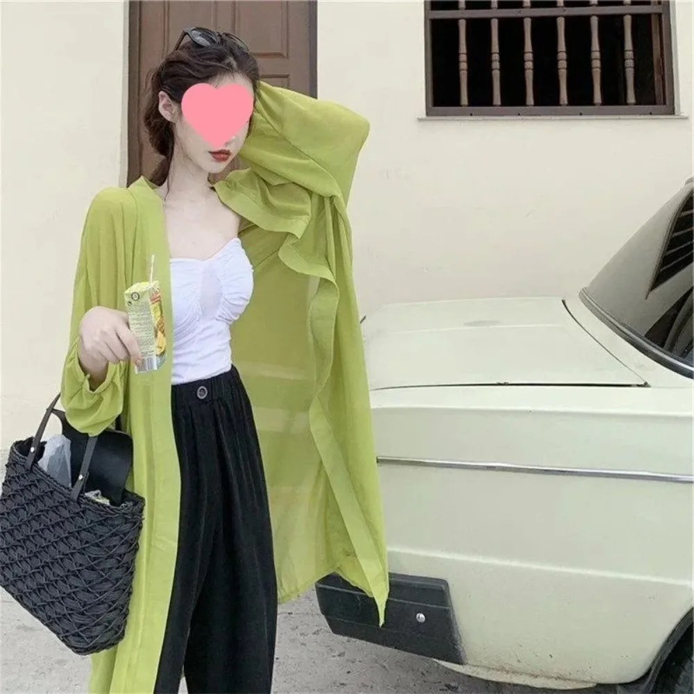 

Тонкая солнцезащитная верхняя одежда из ледяного шелка, женская летняя одежда с длинными рукавами, новый шифоновый открытый кардиган средней длины, маленькая куртка с шалью