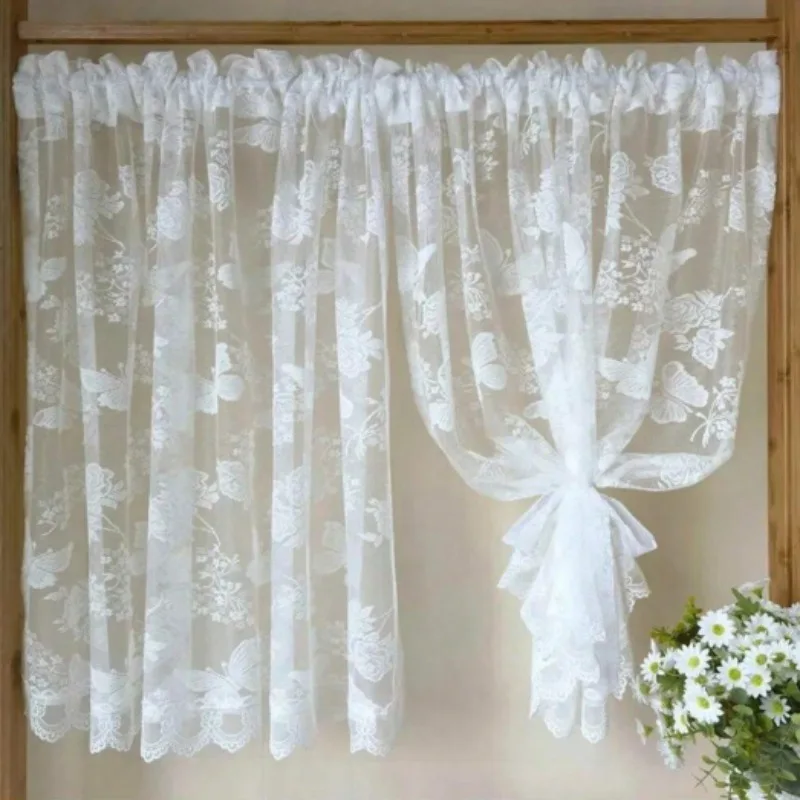 New European Style White Modern Lace Cabinet Decoration Half Curtain Coffee Curtain Kitchen Bedroom Blocking White Gauze