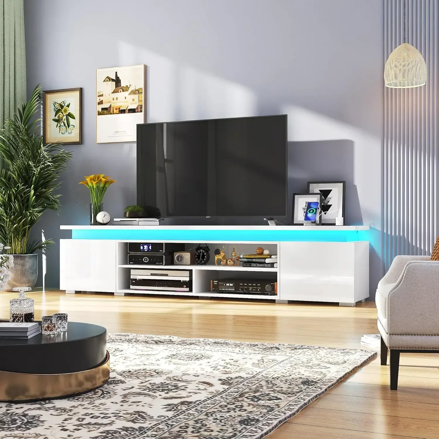 [Discounted Price!]LED TV Stand for 95 inch TV, Modern Gaming Console with Power Outlet, High Gloss Entertainment Center with St