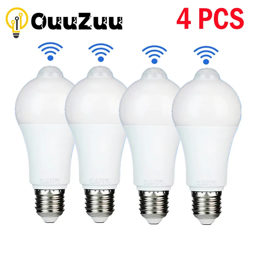 

4 Pcs E27 9W 12W 15W 18W LED Night light Bulb Smart PIR Motion Sensor lamp AC110V-220V For Stair Toilet Porch Garage Balcony