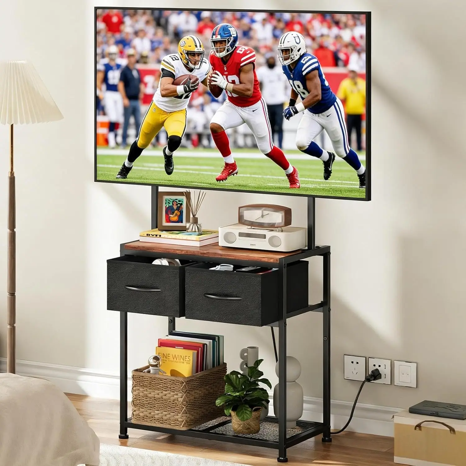 

Угловая подставка под телевизор с креплением и 2 тканевыми ящиками для телевизоров диаметром 23–50 дюймов, черно-коричневый развлекательный центр