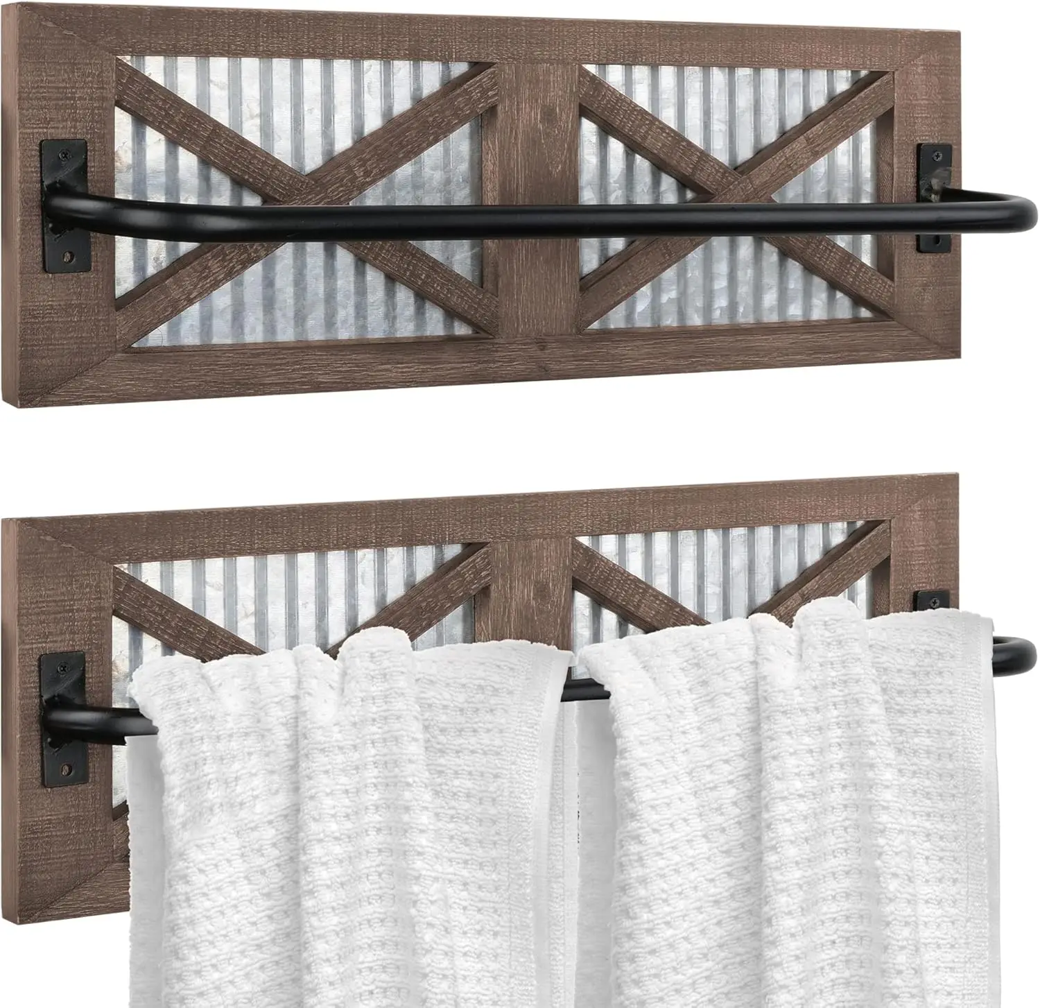 

Rustic Towel Rack Set of 2 - Wall Mounted Wood Towel Holder with Metal Bar for Bathroom Kitchen Decor, 18 inch, Brown