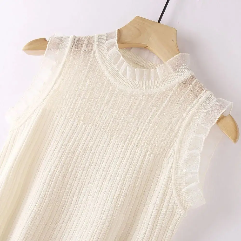 Knitted Vest for Women Hollowed Out Mesh Summer Lace Wooden Ear Edge Ice Silk Sleeveless Top Korean Fashion Clothing