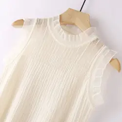 Knitted Vest for Women Hollowed Out Mesh Summer Lace Wooden Ear Edge Ice Silk Sleeveless Top Korean Fashion Clothing