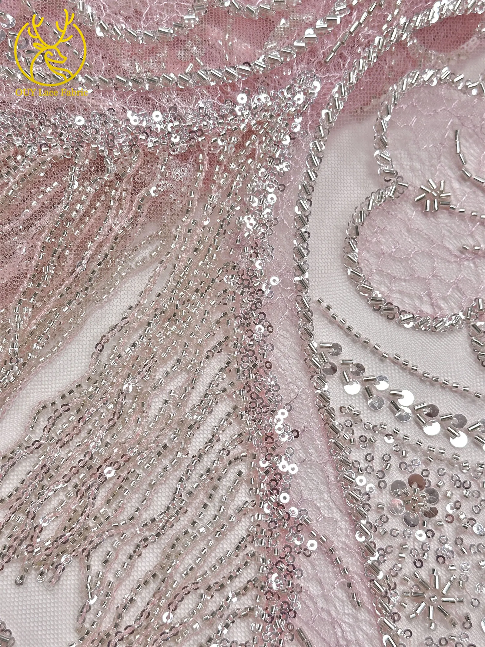Goldene französische 3D-Laser-Quasten-Perlen-Spitze, luxuriöser afrikanischer Pailletten-Spitzenstoff, nigerianischer Mesh-Spitzenstoff für Damen-Hochzeiten – Detail 15