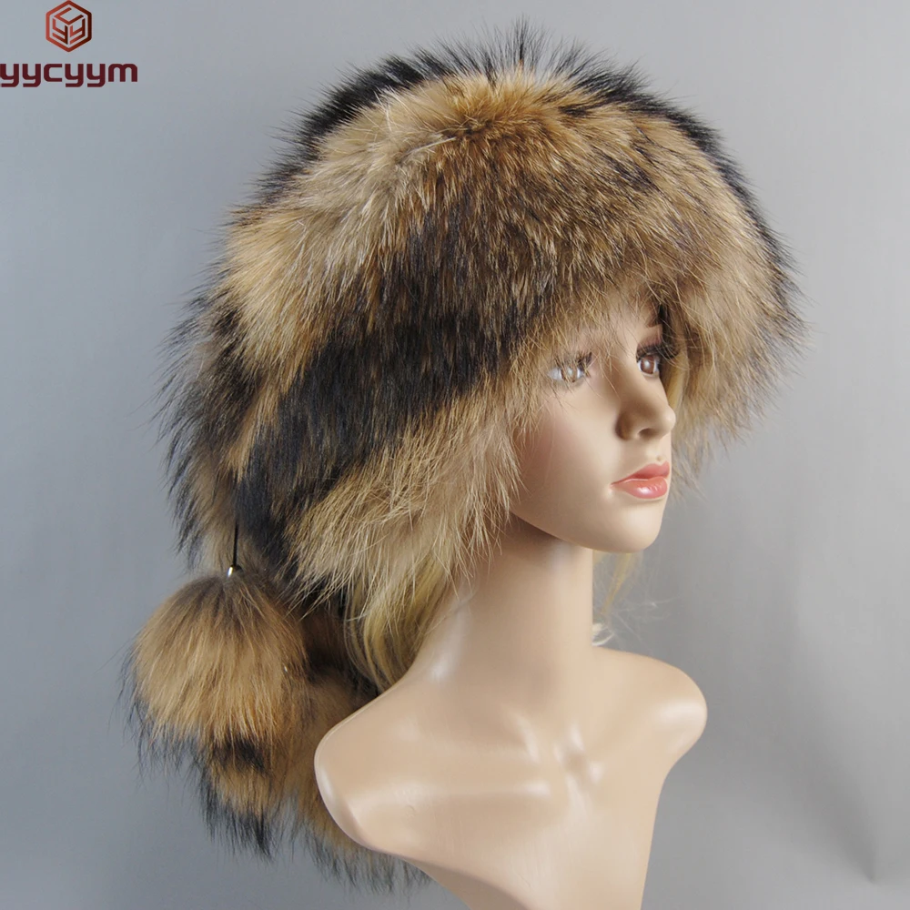 

Luxury Women's Russian Ushanka Aviator Trapper Real Fox Fur Bomber Hat Fox Fur Hats Dome Mongolian Hat Natural Raccoon Fur Caps