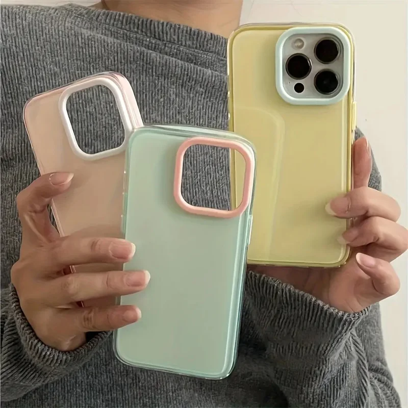 

Color-block glossy shockproof bumper case for iPhone 14/15/16/17 Pro/Max/Plus, double-color design, slim TPU cover, raised edges