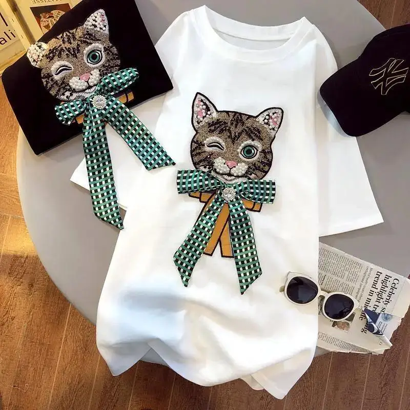 Summer Lazy Cat Exquisite Rhinestone Beaded Bow Western Style Mid-Length Short-Sleeved T-shirt Women\'s Top