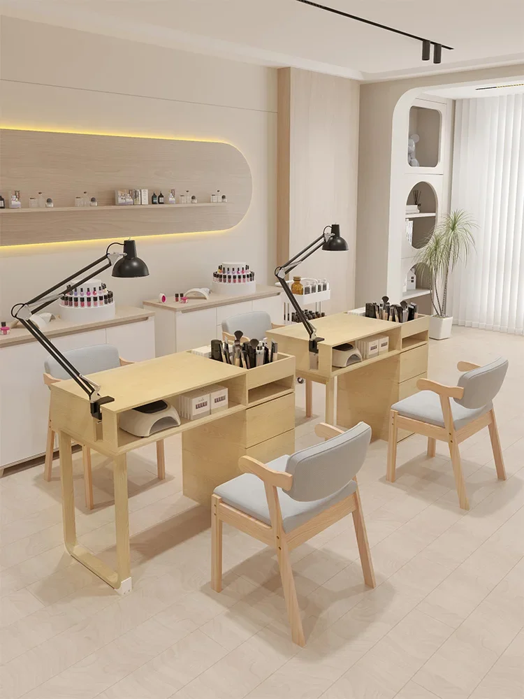 

Nail Art Table and Chair Set Japanese Log Color Single Double Multi-functional Nail Art Table Internet Celebrity Light Luxury