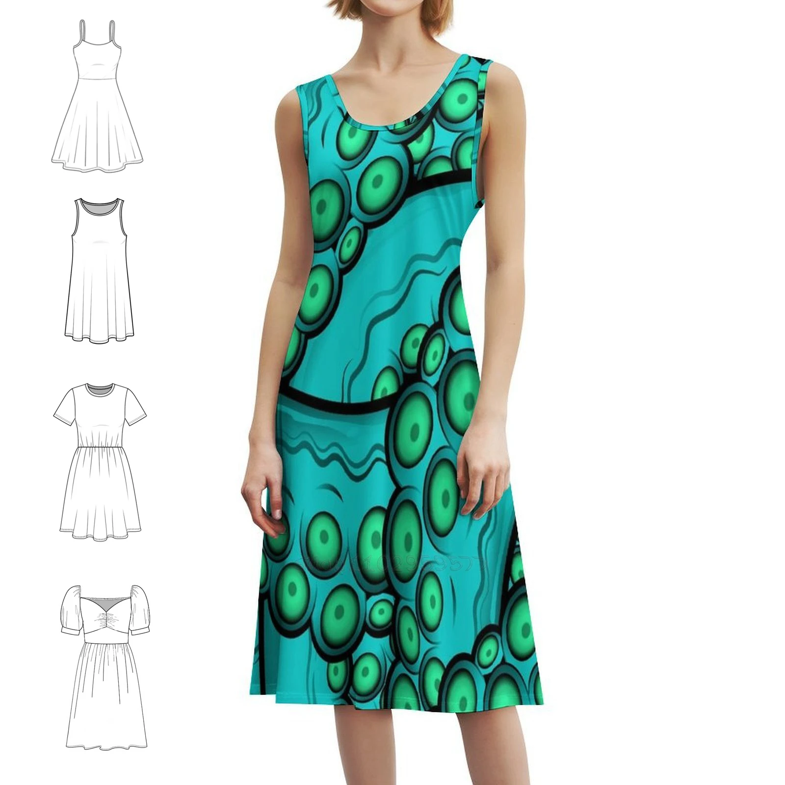 

Бирюзовое богемное платье без рукавов с щупальцами для женщин, пляжные вечерние платья с принтом, щупальца, осьминог, кальмар, присоски, Cthulu, женское