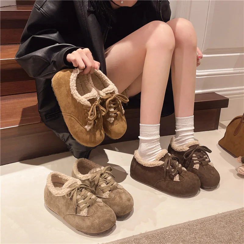

Shoes Woman Vintage Lace Up Wedges Derby Shoes Flock Round Toe Loafers Winter Warm Comfortable Shallow Fur Elevator Shoes Casual