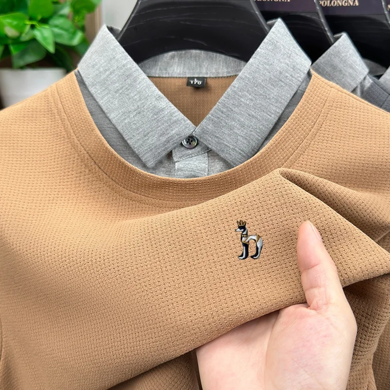 Luxuriöses Herren-Langarm-T-Shirt, falscher zweiteiliger Reversdruck, Frühling, neue lange Ärmel, nicht zunehmende, lässige Mode für Herren