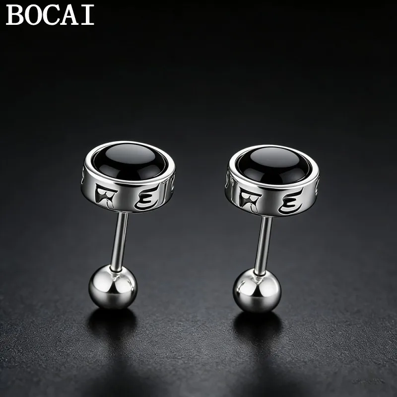 BOCAI NEW S925 Silver Fashion Simplicity Six Character Mantra Blue Sand Earrings Women's Gift