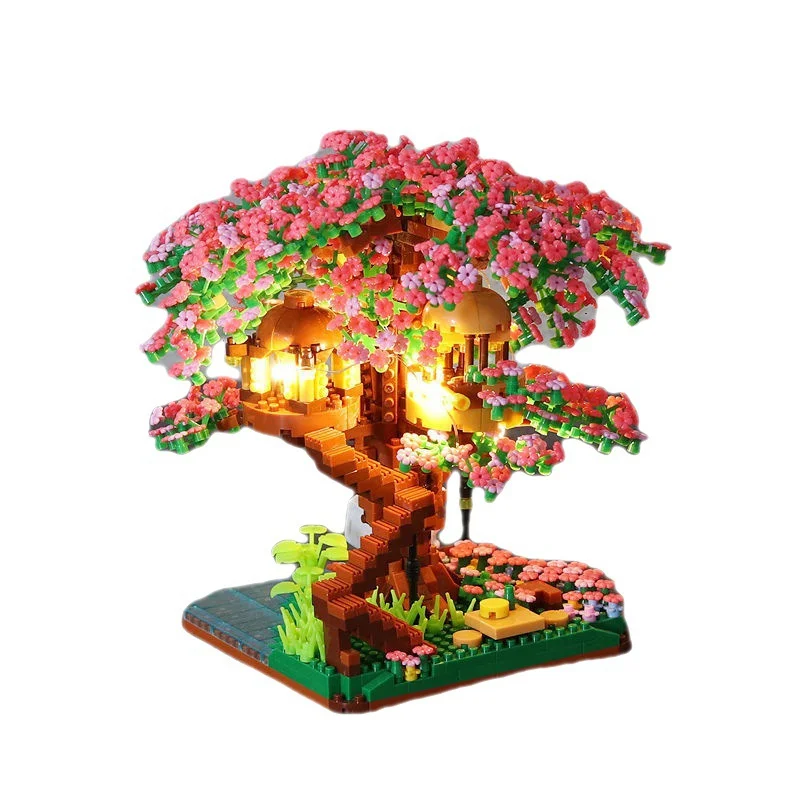 Mini Sakura Tree House Building Blocks Trains With Lights DIY Model City Street View Cherry Blossom House Bricks Kids Toys Gift