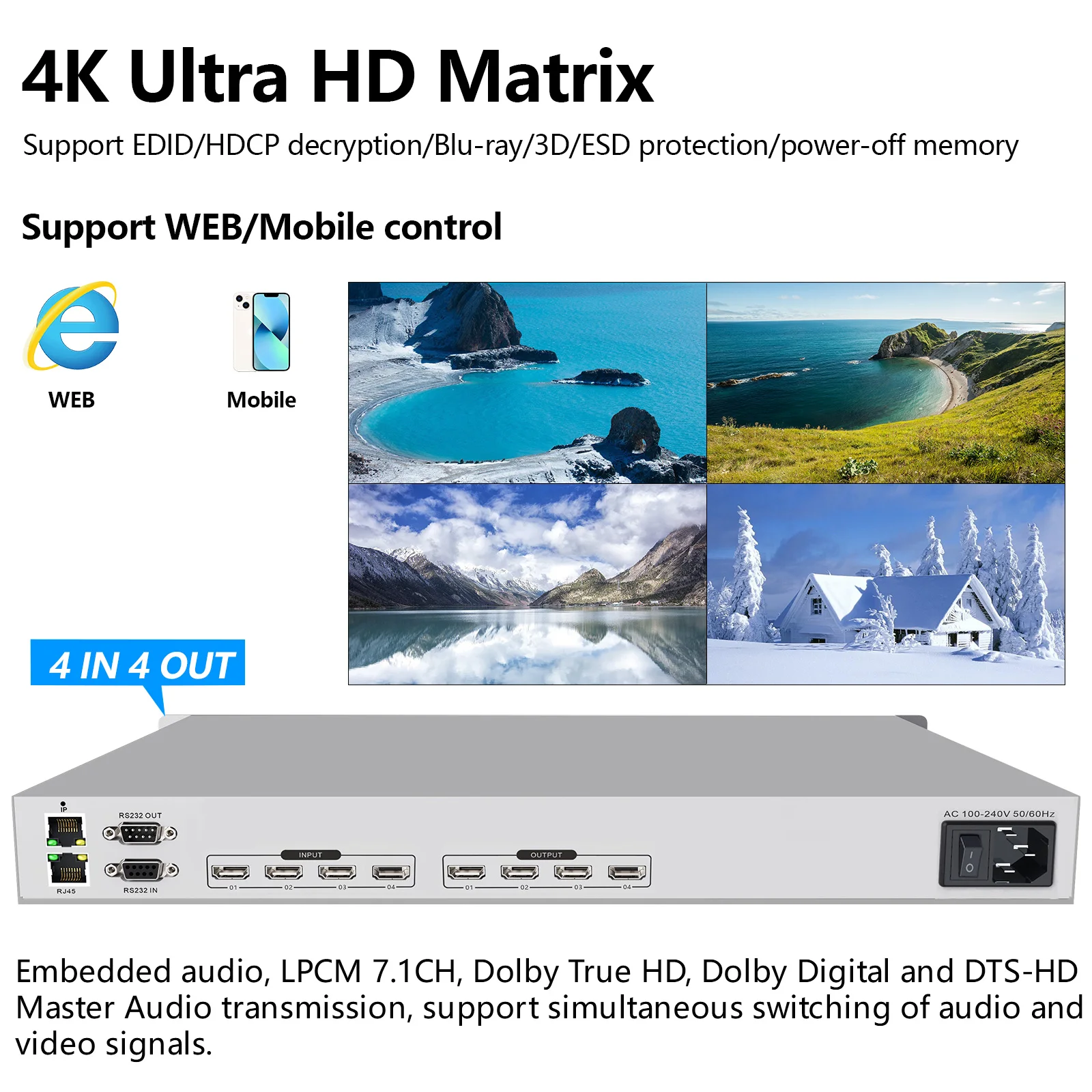 4x4 HDMI Matrix switcher 4K@30Hz, HDMI Matrix Switch Splitter Supports EDID Management/HDCP decoding/Web control/RS232/IR/Dolby