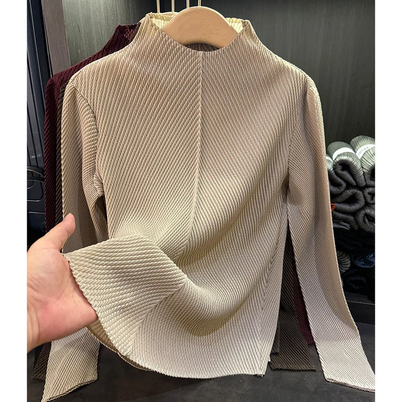 Miyake Pleated 2026 Tops High Elastic Fashion Designer Vest New Aesthetic Clothing Long Sleeve Turtleneck T-Shirt for Women