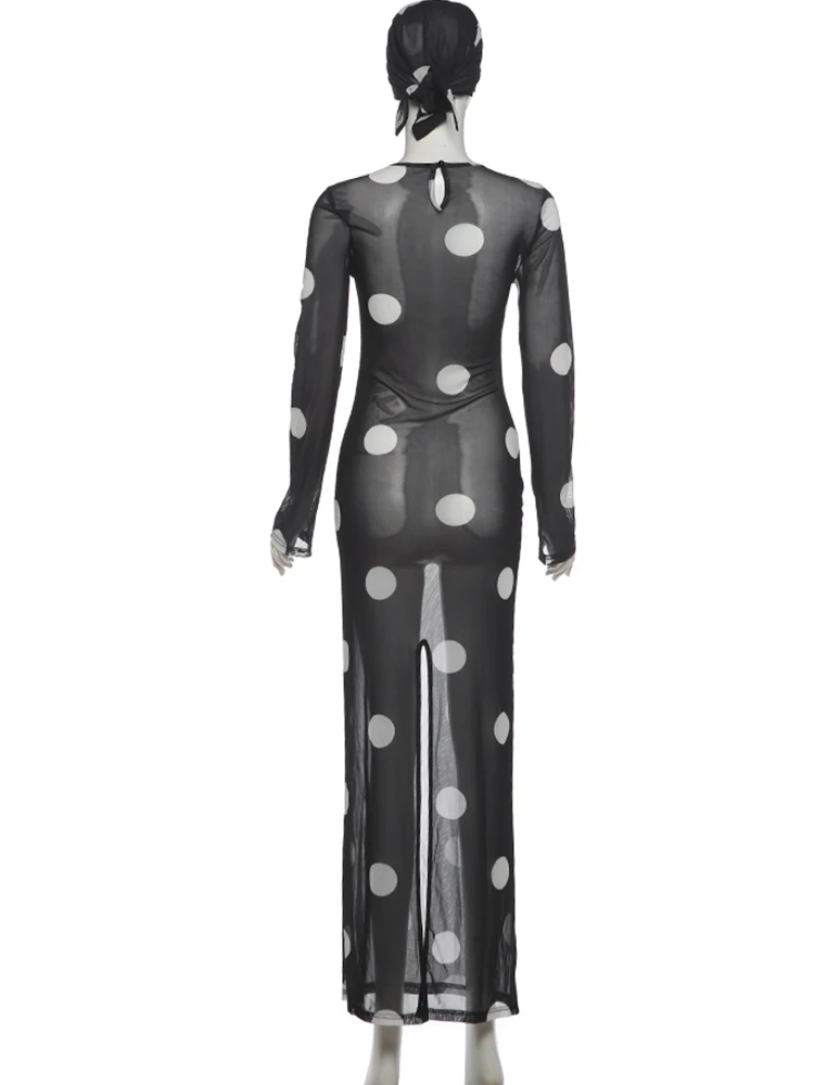 Sisterlinda Frau Sexy durchsichtiges Kleid + Kopftuch mit Polka-Dot-Print, O-Ausschnitt, volle Ärmel, Robe, Mitternachtsclub-Party, modische Kleider – Detail 5