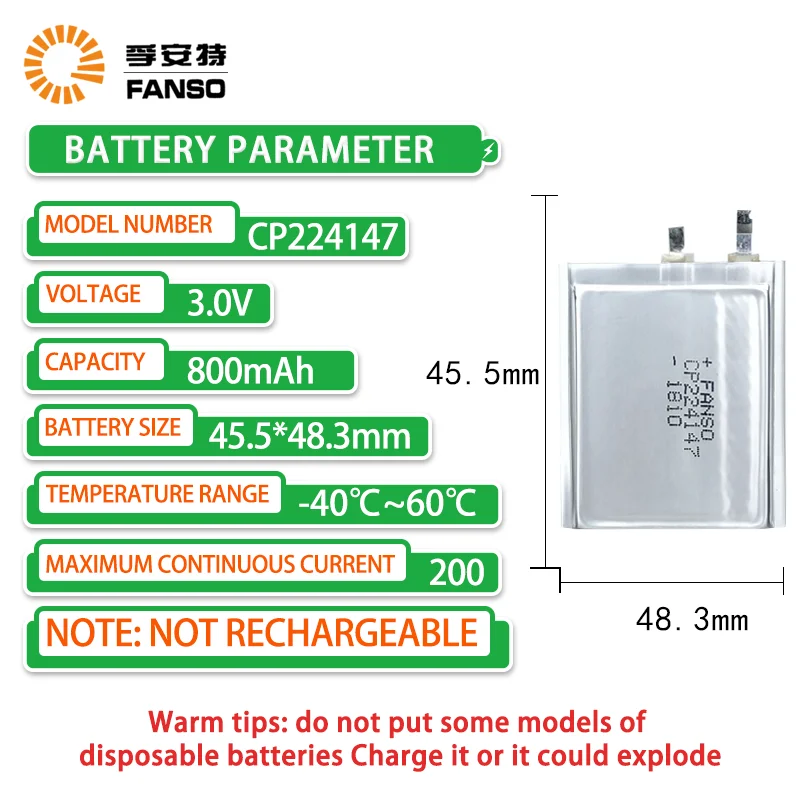 FANSO CP224147  3.0V 800mAHSquare soft pack lithium battery suitable for electronic labels intelligent access card