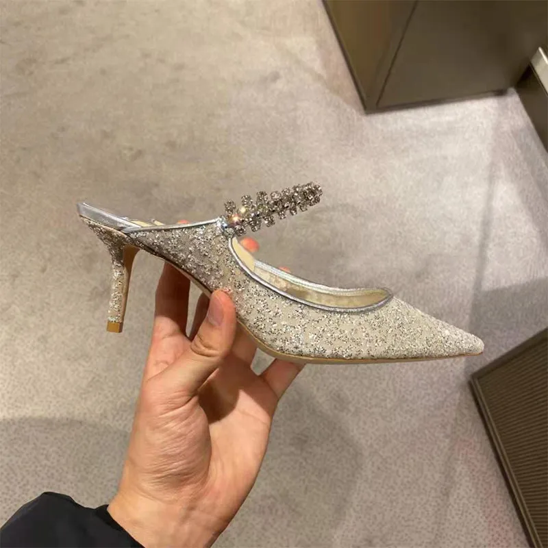 

Rhinestone Chain Muller Shoes Summer New Pointed Mesh Yarn Sequined Thin Heel with High Heel Slippers