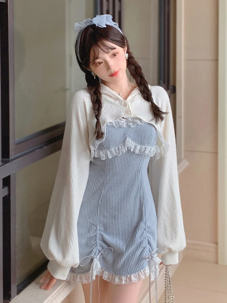 Lace Japanese Sweet Lolita Dress Women Bow Pink Kawaii Party Mini Dresses Female Blue Princess Korean Fashion Dresse Winter 2022