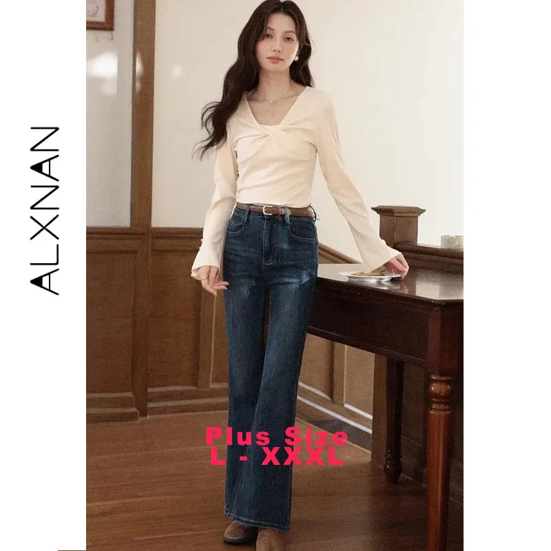 ALXNAN 플러스 사이즈 트위스트 브이넥 풀오버 2025 가을 플레어 커프스 긴팔 스웨터 캐주얼 여성 부드러운 패션 니트웨어 D12535-2